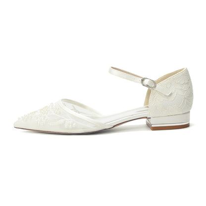 Women's Lace Silk Satin With Closed Toe Ankle Strap Flat Heel Evening Shoes