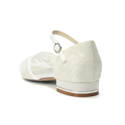 Women's Lace Silk Satin With Closed Toe Ankle Strap Flat Heel Evening Shoes