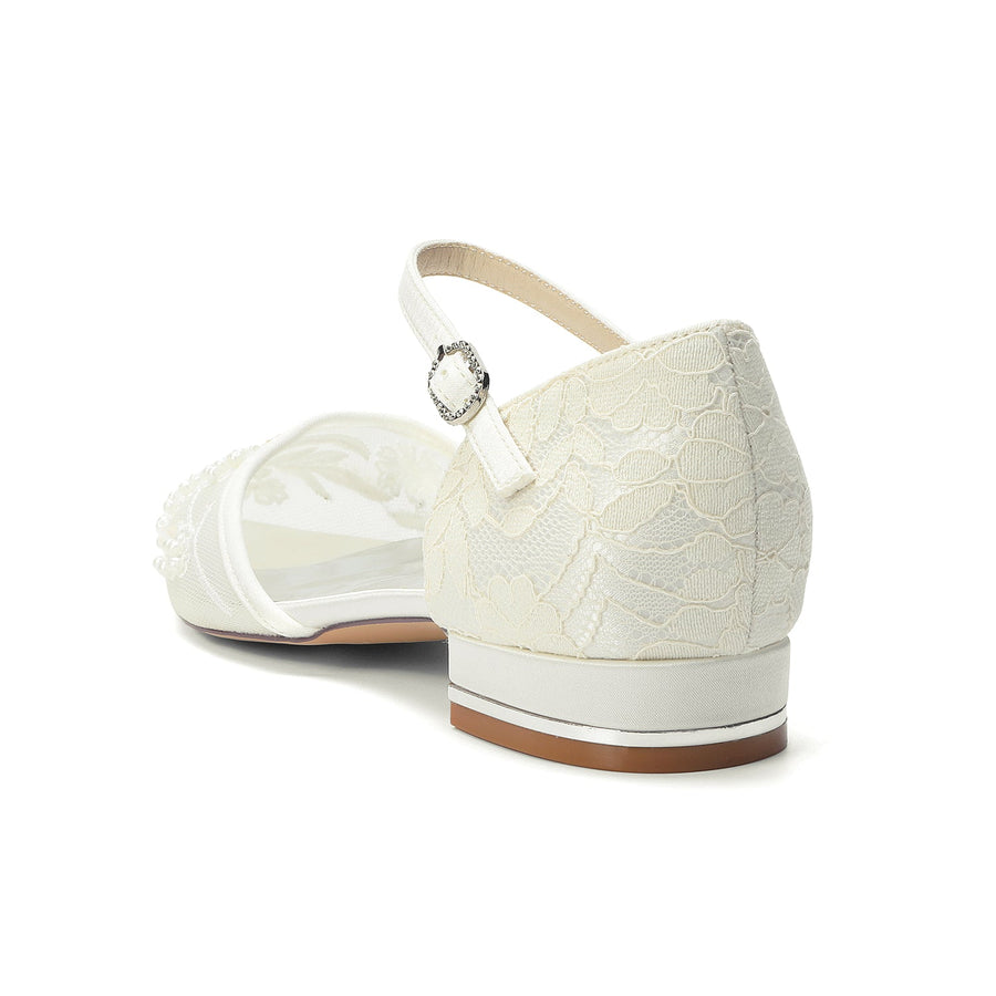 Women's Lace Silk Satin With Closed Toe Ankle Strap Flat Heel Evening Shoes