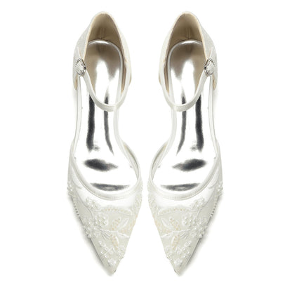 Women's Lace Silk Satin With Closed Toe Ankle Strap Flat Heel Evening Shoes