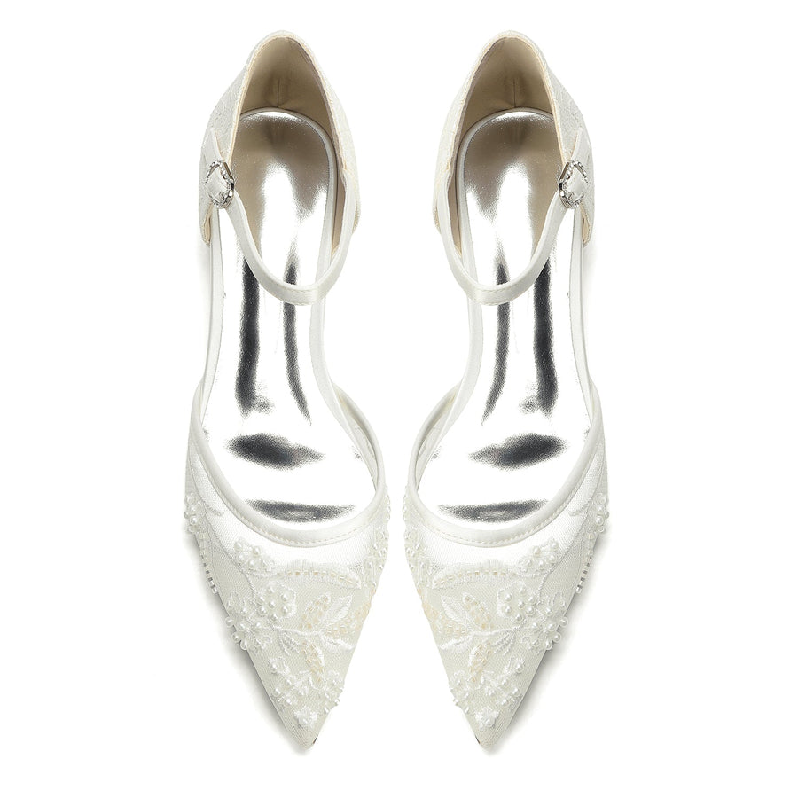 Women's Lace Silk Satin With Closed Toe Ankle Strap Flat Heel Evening Shoes