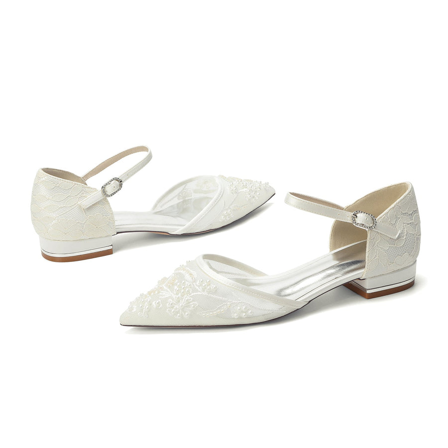 Women's Lace Silk Satin With Closed Toe Ankle Strap Flat Heel Evening Shoes