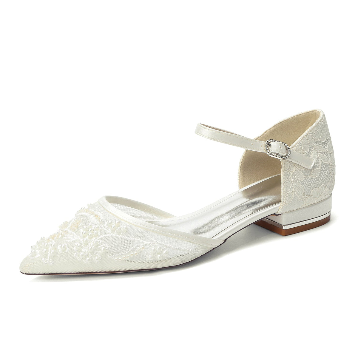 Women's Lace Silk Satin With Closed Toe Ankle Strap Flat Heel Evening Shoes