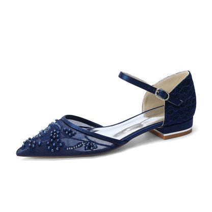 Women's Lace Silk Satin With Closed Toe Ankle Strap Flat Heel Evening Shoes