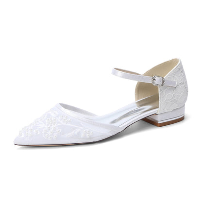 Women's Lace Silk Satin With Closed Toe Ankle Strap Flat Heel Evening Shoes
