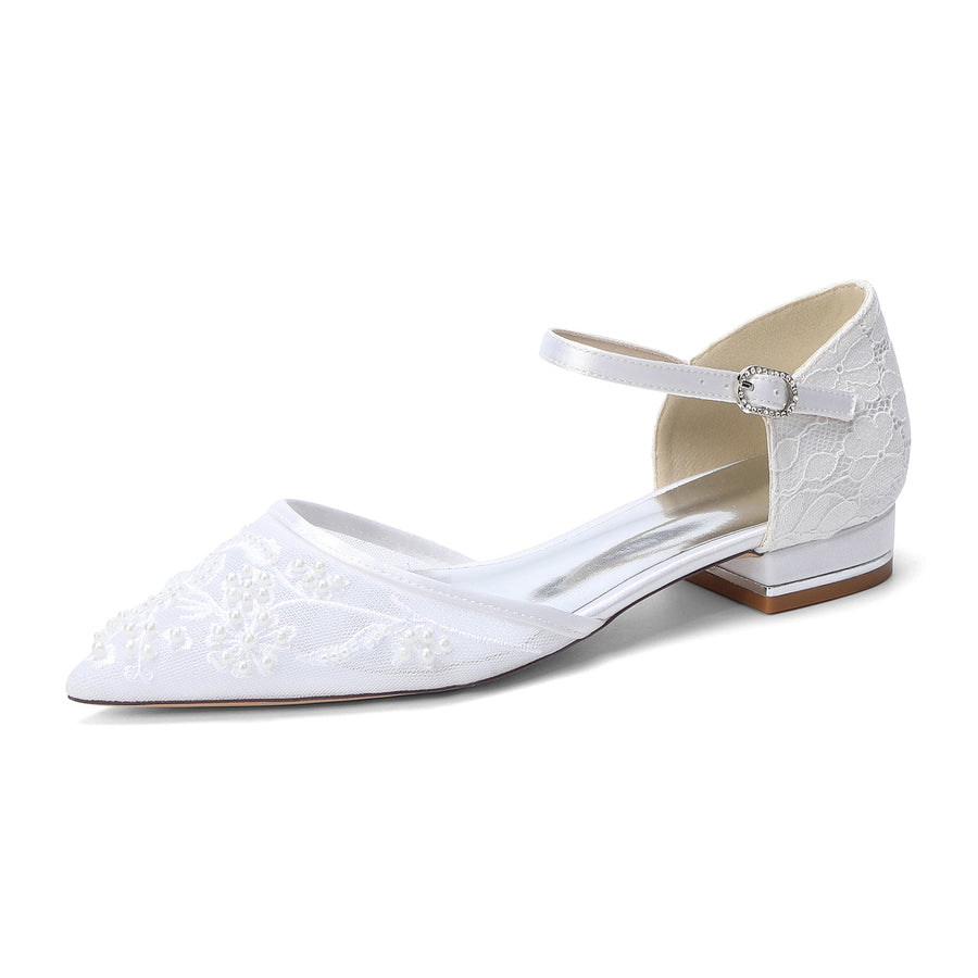 Women's Lace Silk Satin With Closed Toe Ankle Strap Flat Heel Evening Shoes