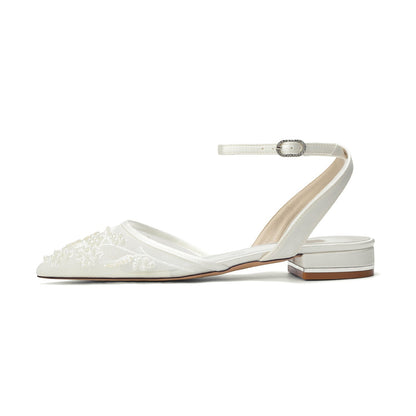 Women's Silk Satin With Lace Closed Toe Ankle Strap Flat Heel Evening Shoes
