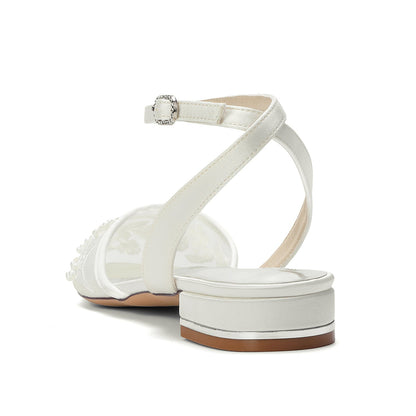 Women's Silk Satin With Lace Closed Toe Ankle Strap Flat Heel Evening Shoes