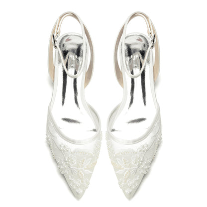 Women's Silk Satin With Lace Closed Toe Ankle Strap Flat Heel Evening Shoes