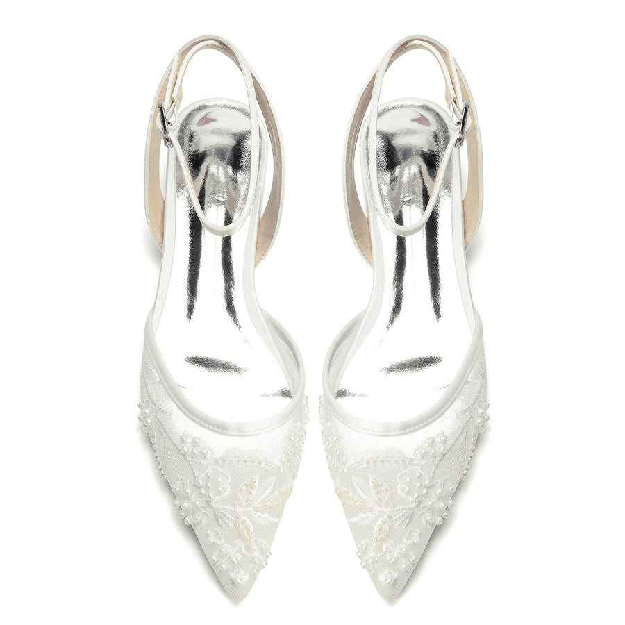 Women's Silk Satin With Lace Closed Toe Ankle Strap Flat Heel Evening Shoes