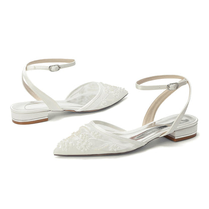 Women's Silk Satin With Lace Closed Toe Ankle Strap Flat Heel Evening Shoes