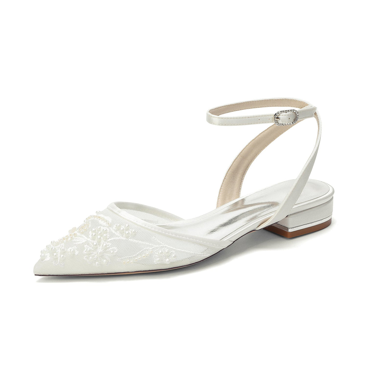 Women's Silk Satin With Lace Closed Toe Ankle Strap Flat Heel Evening Shoes