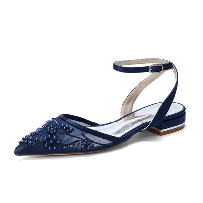 Women's Silk Satin With Lace Closed Toe Ankle Strap Flat Heel Evening Shoes