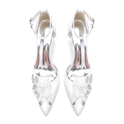 Women's Silk Satin With Ankle Strap Flower Rhinestone Closed Toe Stiletto Heel Wedding Shoes