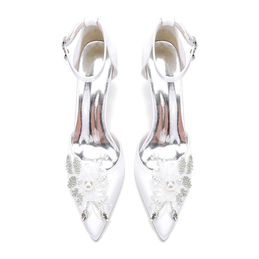 Women's Silk Satin With Ankle Strap Flower Rhinestone Closed Toe Stiletto Heel Wedding Shoes