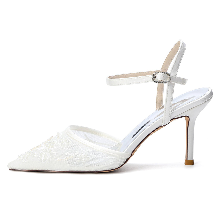 Women's Lace Silk Satin With Ankle Strap Closed Toe Stiletto Heel Evening Shoes