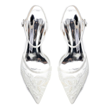 Women's Lace Silk Satin With Ankle Strap Closed Toe Stiletto Heel Evening Shoes