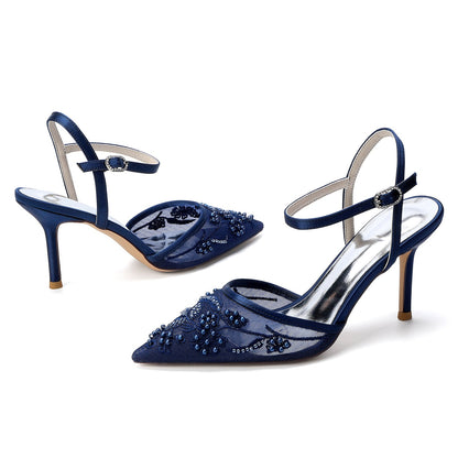 Women's Lace Silk Satin With Ankle Strap Closed Toe Stiletto Heel Evening Shoes