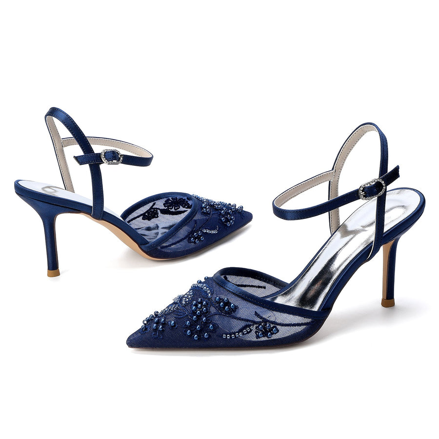 Women's Lace Silk Satin With Ankle Strap Closed Toe Stiletto Heel Evening Shoes
