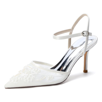 Women's Lace Silk Satin With Ankle Strap Closed Toe Stiletto Heel Evening Shoes