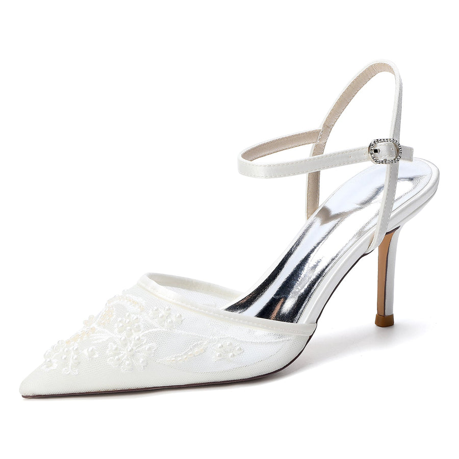 Women's Lace Silk Satin With Ankle Strap Closed Toe Stiletto Heel Evening Shoes