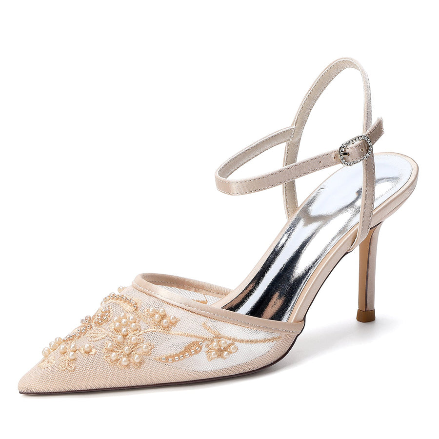 Women's Lace Silk Satin With Ankle Strap Closed Toe Stiletto Heel Evening Shoes