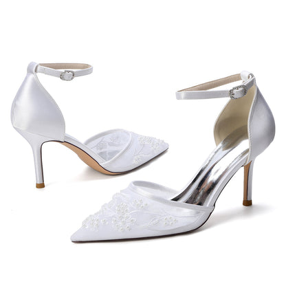 Women's Lace Silk Satin With Lace Ankle Strap Closed Toe Stiletto Heel Evening Shoes