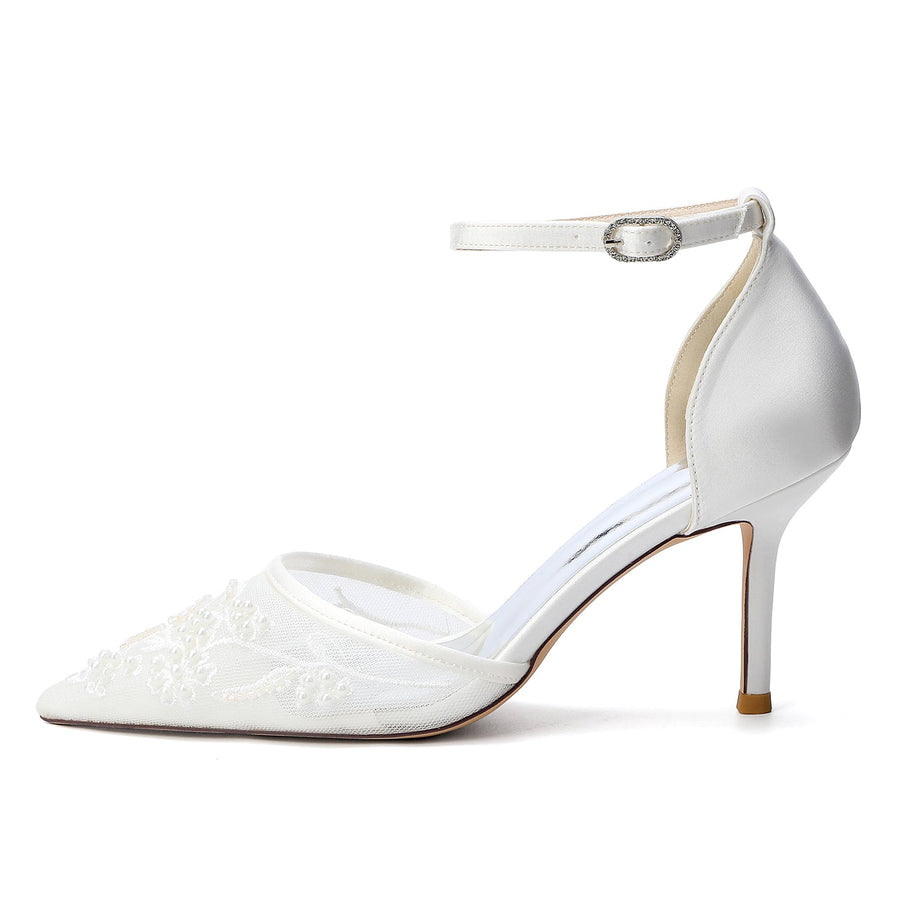 Women's Lace Silk Satin With Lace Ankle Strap Closed Toe Stiletto Heel Evening Shoes