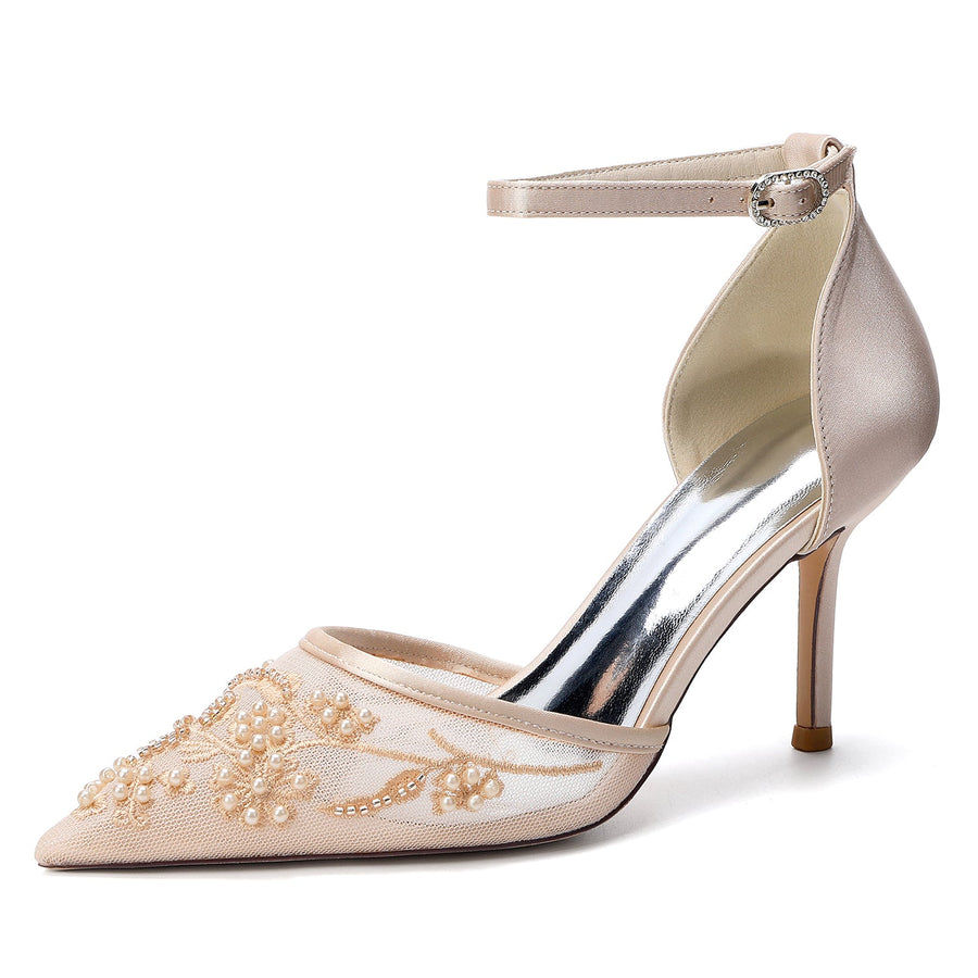 Women's Lace Silk Satin With Lace Ankle Strap Closed Toe Stiletto Heel Evening Shoes