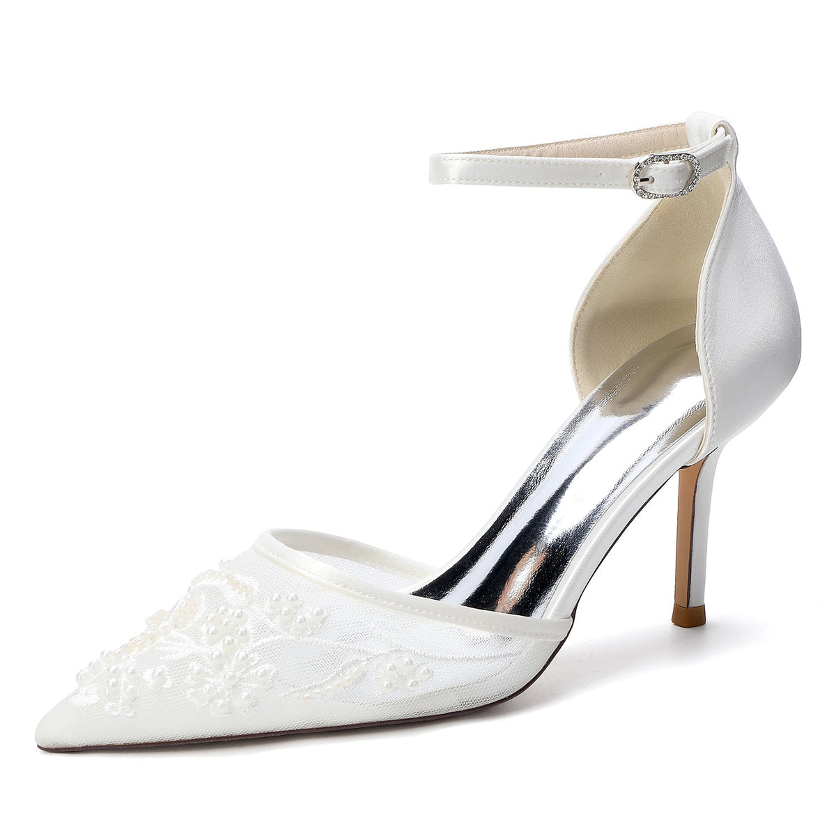 Women's Lace Silk Satin With Lace Ankle Strap Closed Toe Stiletto Heel Evening Shoes