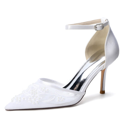Women's Lace Silk Satin With Lace Ankle Strap Closed Toe Stiletto Heel Evening Shoes