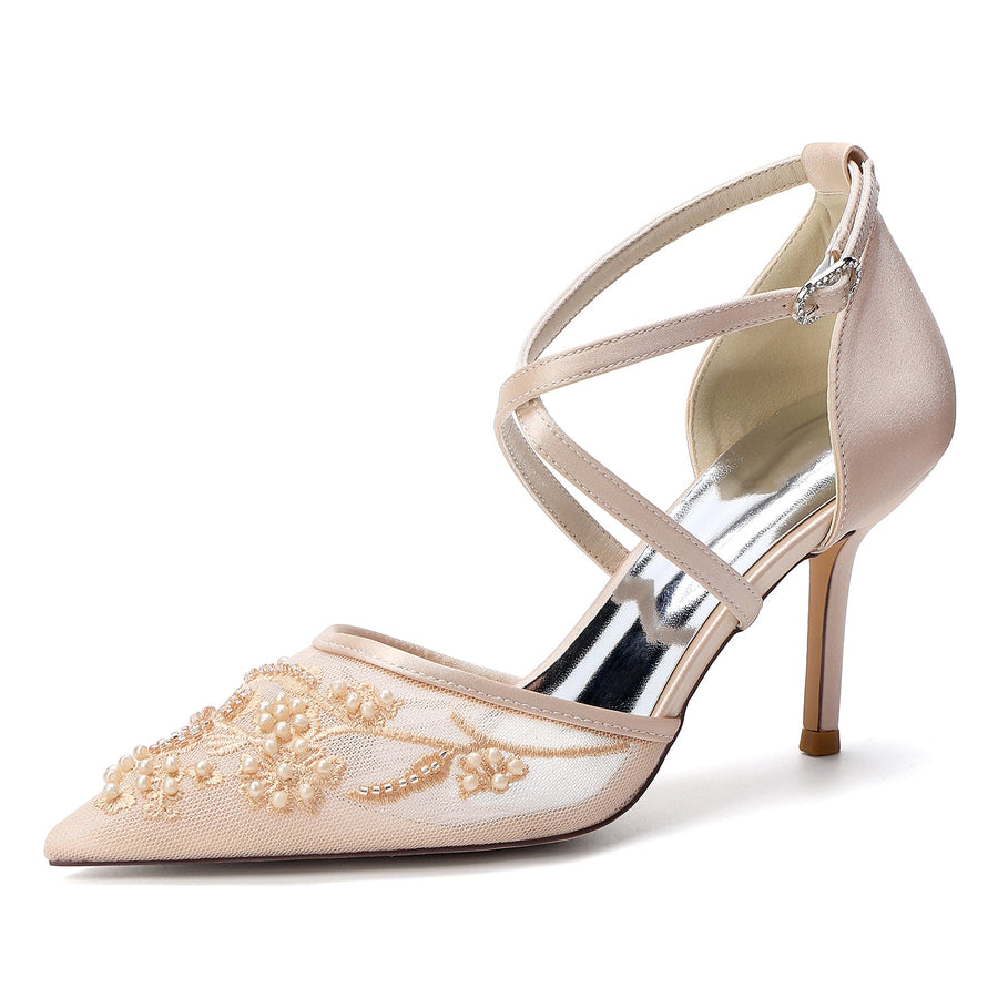 Women's Lace Silk Satin With Closed Toe Ankle Strap Stiletto Heel Evening Shoes