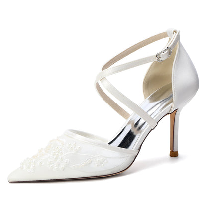 Women's Lace Silk Satin With Closed Toe Ankle Strap Stiletto Heel Evening Shoes
