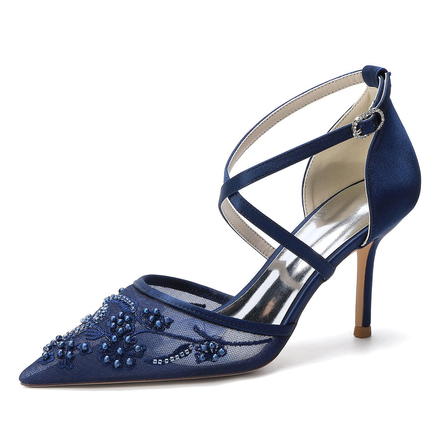 Women's Lace Silk Satin With Closed Toe Ankle Strap Stiletto Heel Evening Shoes