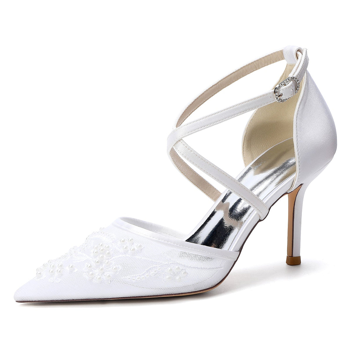 Women's Lace Silk Satin With Closed Toe Ankle Strap Stiletto Heel Evening Shoes