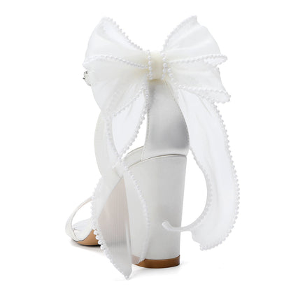 Women's Silk Satin With Peep Toe Ankle Strap Chunky Heel Evening Shoes With Bowknot