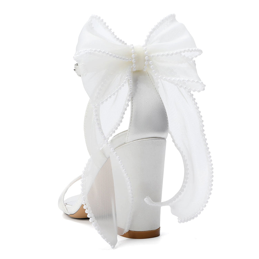 Women's Silk Satin With Peep Toe Ankle Strap Chunky Heel Evening Shoes With Bowknot