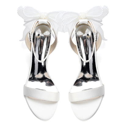 Women's Silk Satin With Peep Toe Ankle Strap Chunky Heel Evening Shoes With Bowknot