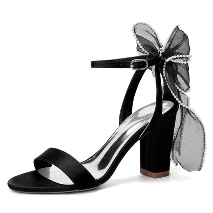 Women's Silk Satin With Peep Toe Ankle Strap Chunky Heel Evening Shoes With Bowknot