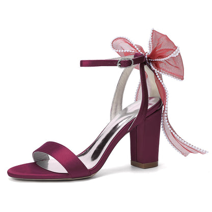 Women's Silk Satin With Peep Toe Ankle Strap Chunky Heel Evening Shoes With Bowknot