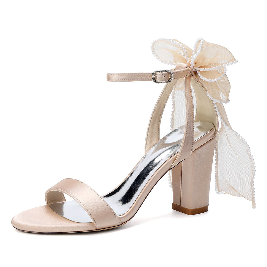 Women's Silk Satin With Peep Toe Ankle Strap Chunky Heel Evening Shoes With Bowknot