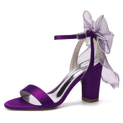 Women's Silk Satin With Peep Toe Ankle Strap Chunky Heel Evening Shoes With Bowknot