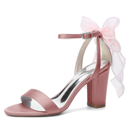 Women's Silk Satin With Peep Toe Ankle Strap Chunky Heel Evening Shoes With Bowknot