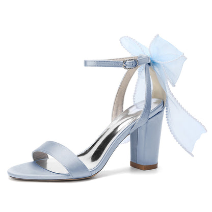 Women's Silk Satin With Peep Toe Ankle Strap Chunky Heel Evening Shoes With Bowknot
