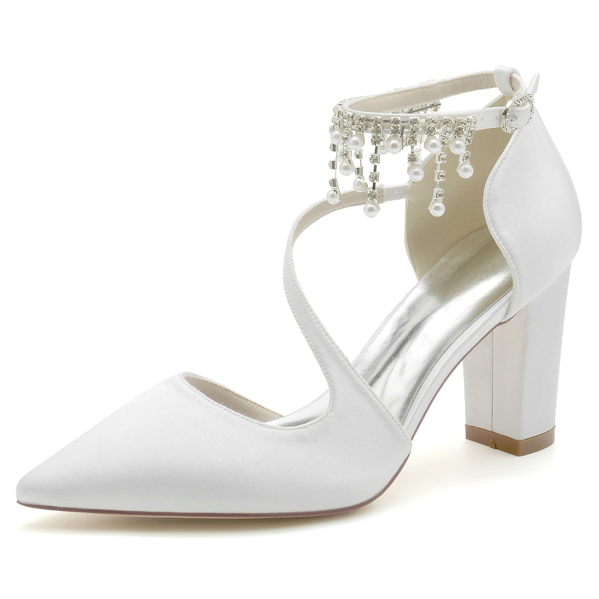Women's Silk Satin With Ankle Strap Tassel Closed Toe Chunky Heel Wedding Shoes