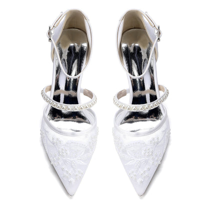 Women's Silk Satin With Lace Closed Toe Ankle Strap Chunky Heel Evening Shoes With Pearl