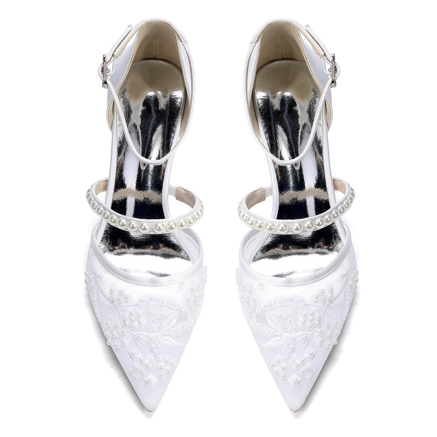 Women's Silk Satin With Lace Closed Toe Ankle Strap Chunky Heel Evening Shoes With Pearl
