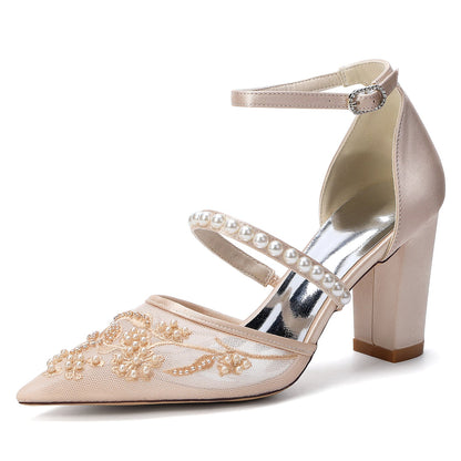 Women's Silk Satin With Lace Closed Toe Ankle Strap Chunky Heel Evening Shoes With Pearl