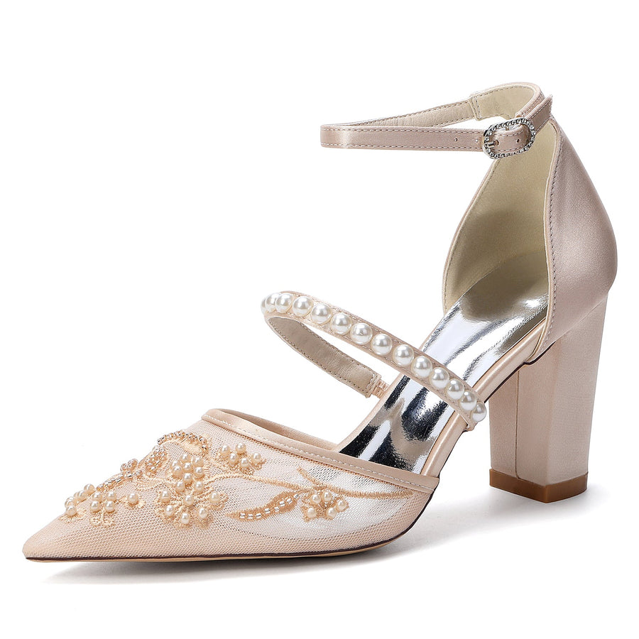 Women's Silk Satin With Lace Closed Toe Ankle Strap Chunky Heel Evening Shoes With Pearl
