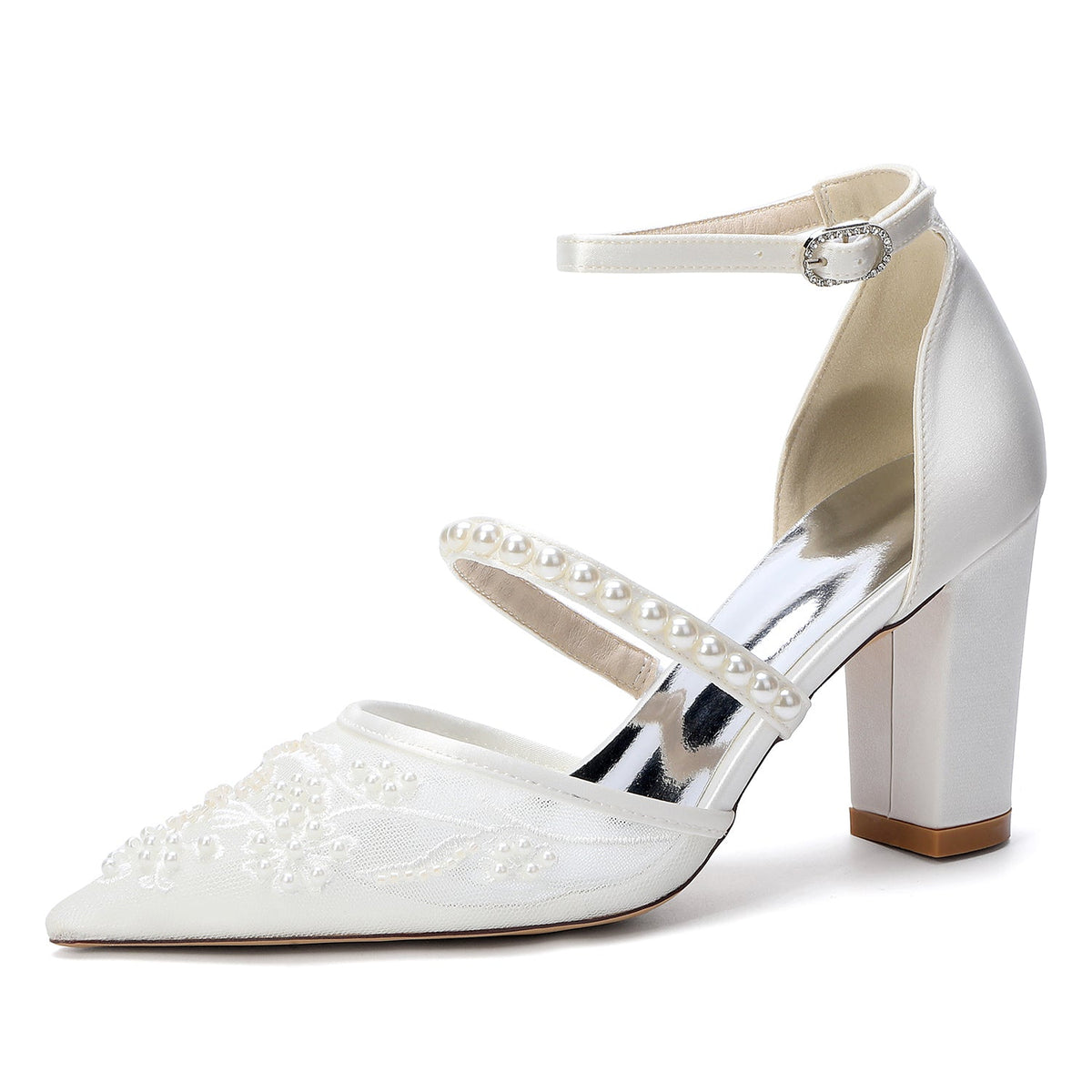 Women's Silk Satin With Lace Closed Toe Ankle Strap Chunky Heel Evening Shoes With Pearl